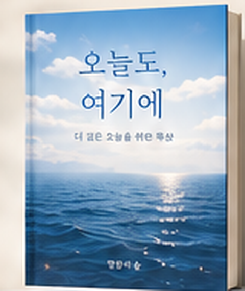 『오늘도, 여기에』 표지 — 구름 낀 하늘과 바다