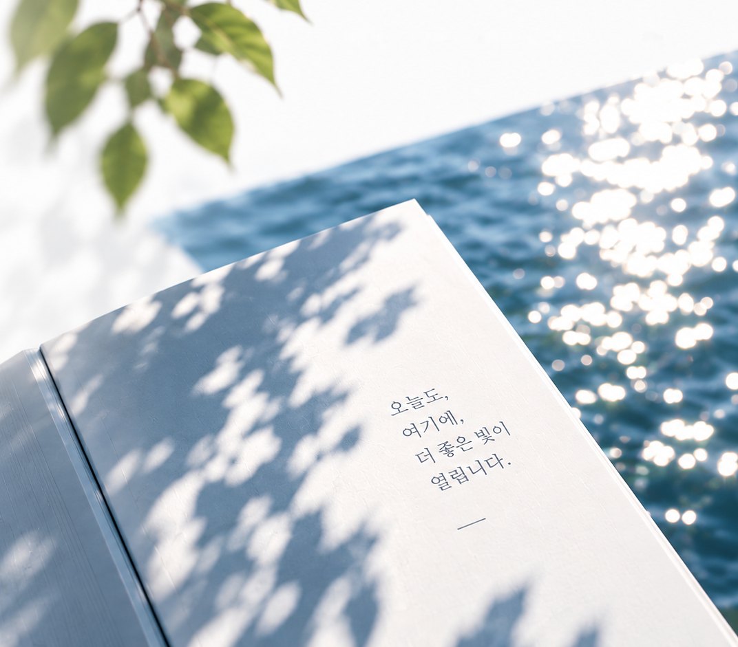 흰 벽 위로 드리운 잎 그림자, 펼쳐진 책, 그리고 햇빛에 반짝이는 바다 — 책장에는 ‘오늘도, 여기에, 더 좋은 빛이 열립니다’가 적혀 있다