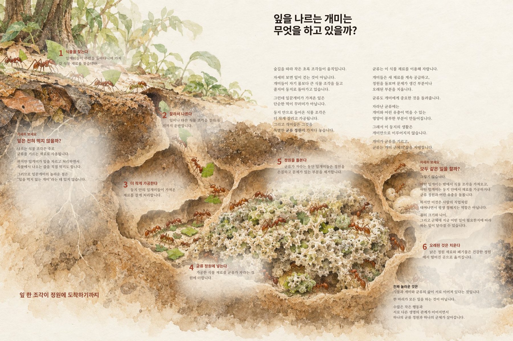 잎새개미 둥지와 균류 정원을 보여주는 페이지